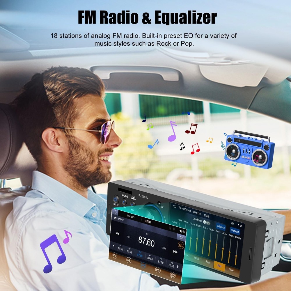 Single Din Car Stereo with Apple Carplay Android Auto, 4" Touch Screen Car St...