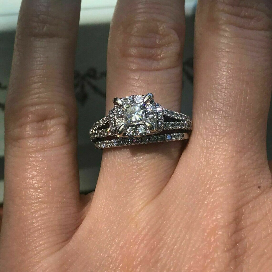 1.8Ctw White Princess Cut Simulated Diamond Wedding Ring Matching 925 Silver Set