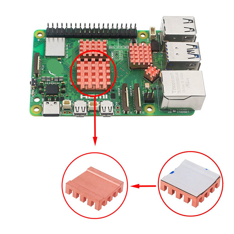 Pure Copper Heat Sink with Thermal Adhesive for Raspberry pi 5 Development