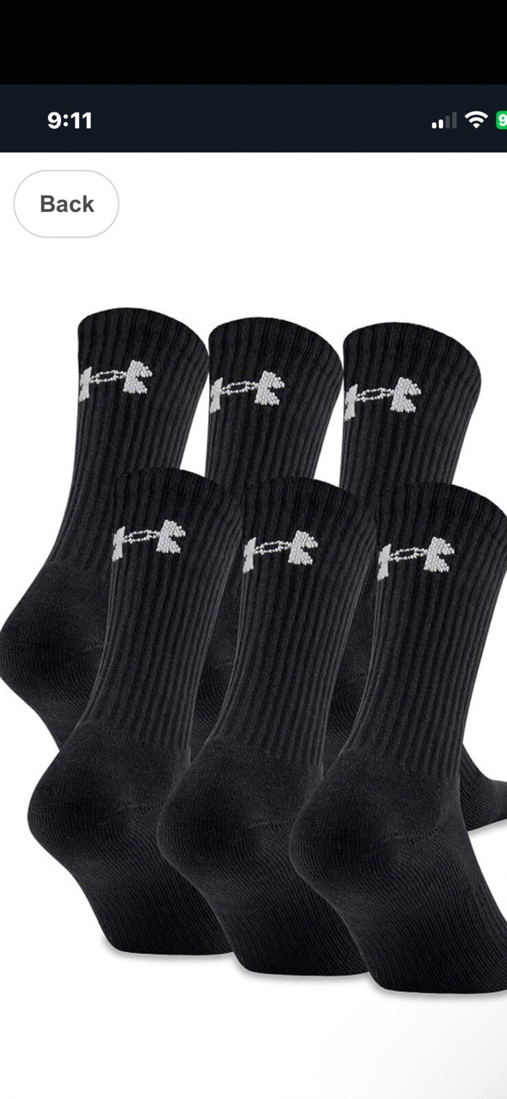 UNDER ARMOUR Men Crew Socks 6 Pair BLACK Size Large 8.5-13 Cotton Pack 76/22/2