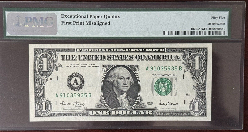 RARE DOUBLE ERRORS 2001 BOSTON $1 MISALIGNED and INVERTED BACK ERRORS PMG55 EPQ