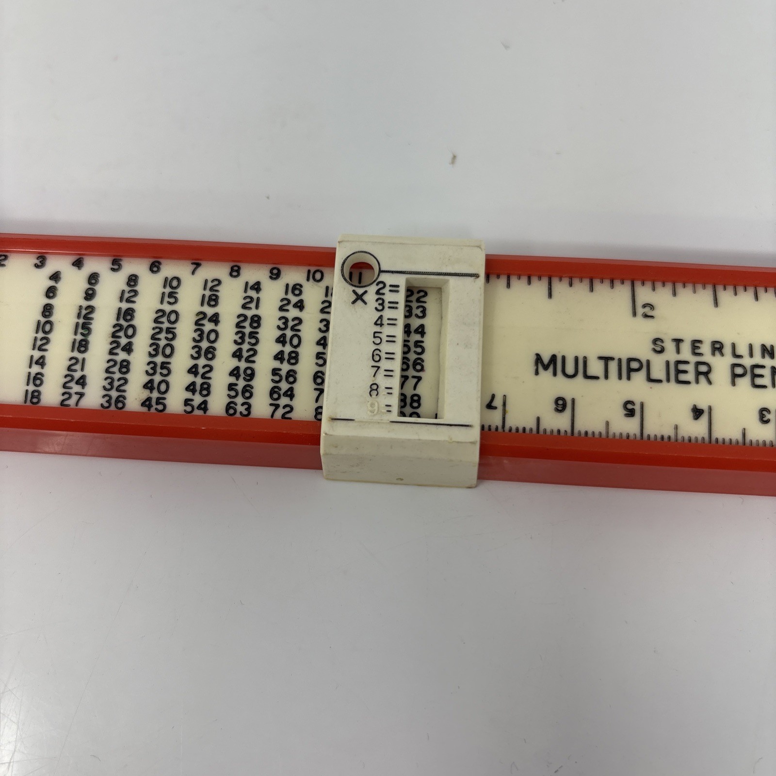 Vintage Sterling Multiplier Pencil Box, Sharpener & Ruler, Red And White 7 5/8"