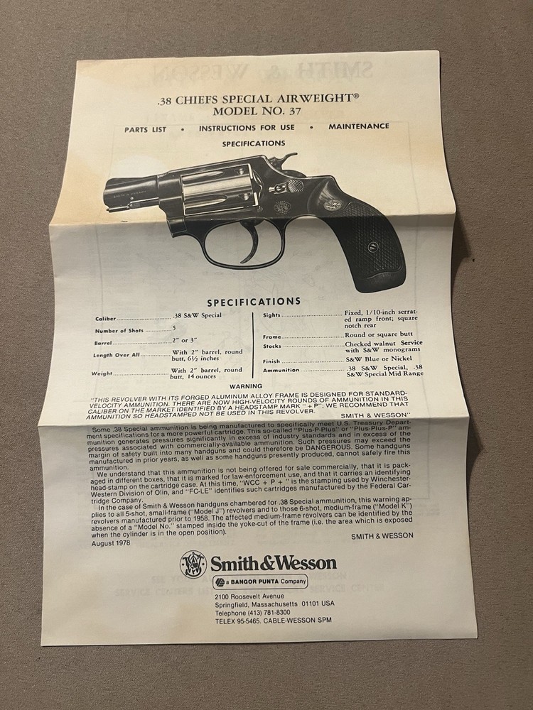 Factory Original Smith & Wesson Model 37 Manual S&W