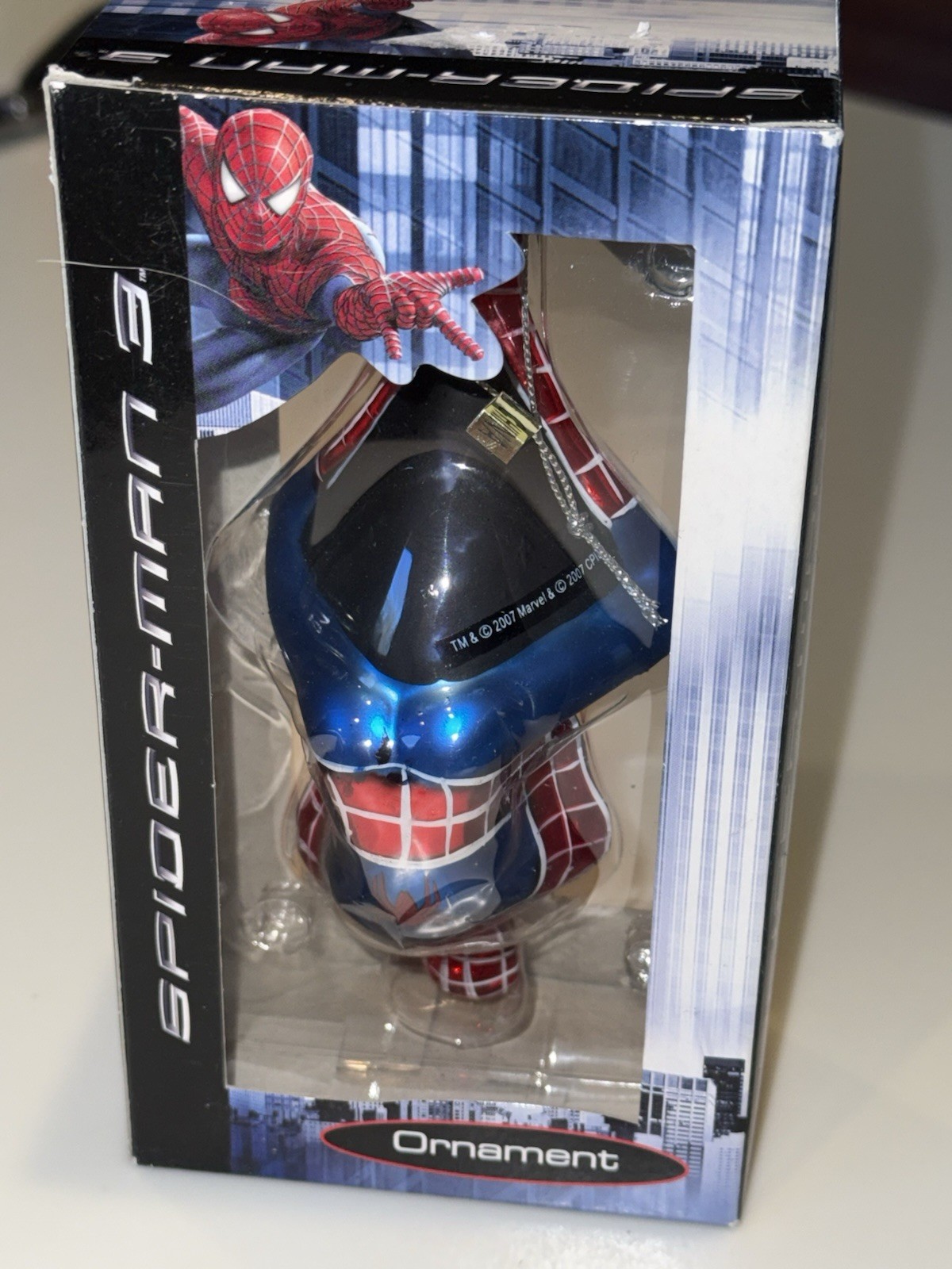 2007 Marvel Spiderman 3 Movie Glass Ornament Hanging Upside Down NOS NEW Boxed