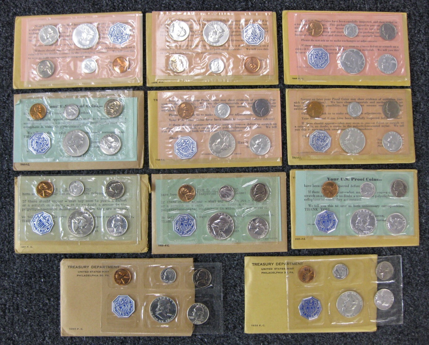1955 thru 1964 Run of 11 Government Issued Proof Sets Including 1960 Small Date