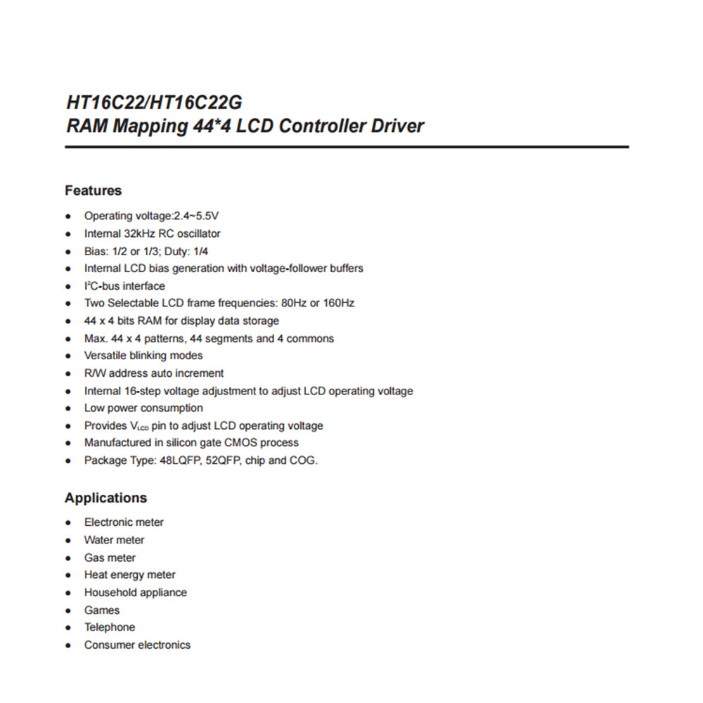 HT16C22 LQFP-48 RAM Mapping 44x4 LCD Controller Driver SMD Surface Mount Chip IC