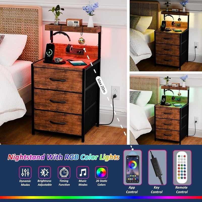 LED Light Strip Charging Nightstand W/ Storage Drawers & Hooks Easy Assembly New
