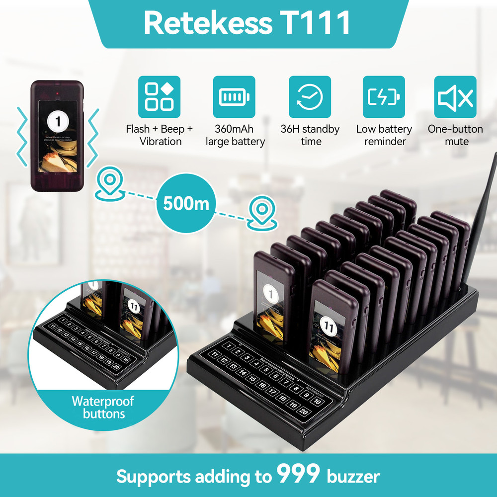Retekess T111 Restaurant 20 Coaster Wireless Paging Queuing Calling System Cafe