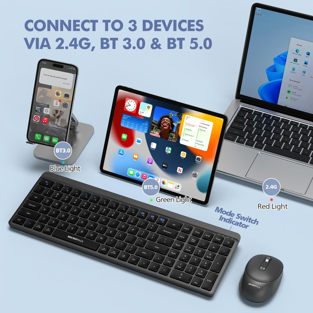 Wireless Keyboard and Mouse Combo for Desktop Mac iPad Bluetooth 2.4 Ghz Rech...