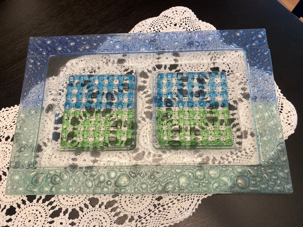 HANDCRAFTED Glass Blue and Green Patchwork 2 Sided Dish 17”x11”