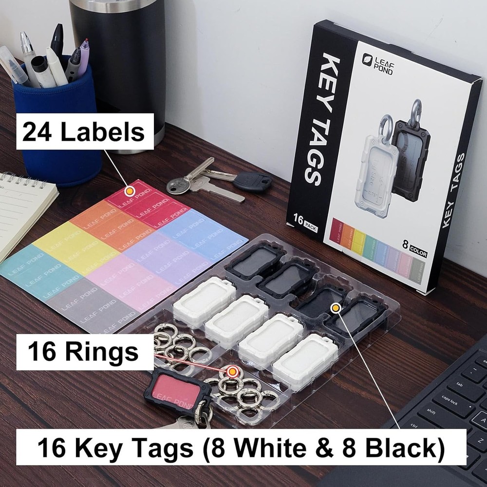 16 Pack Solid Plastic Key Tags with Rings, Heavy Duty Bulk Keychain Identifiers,