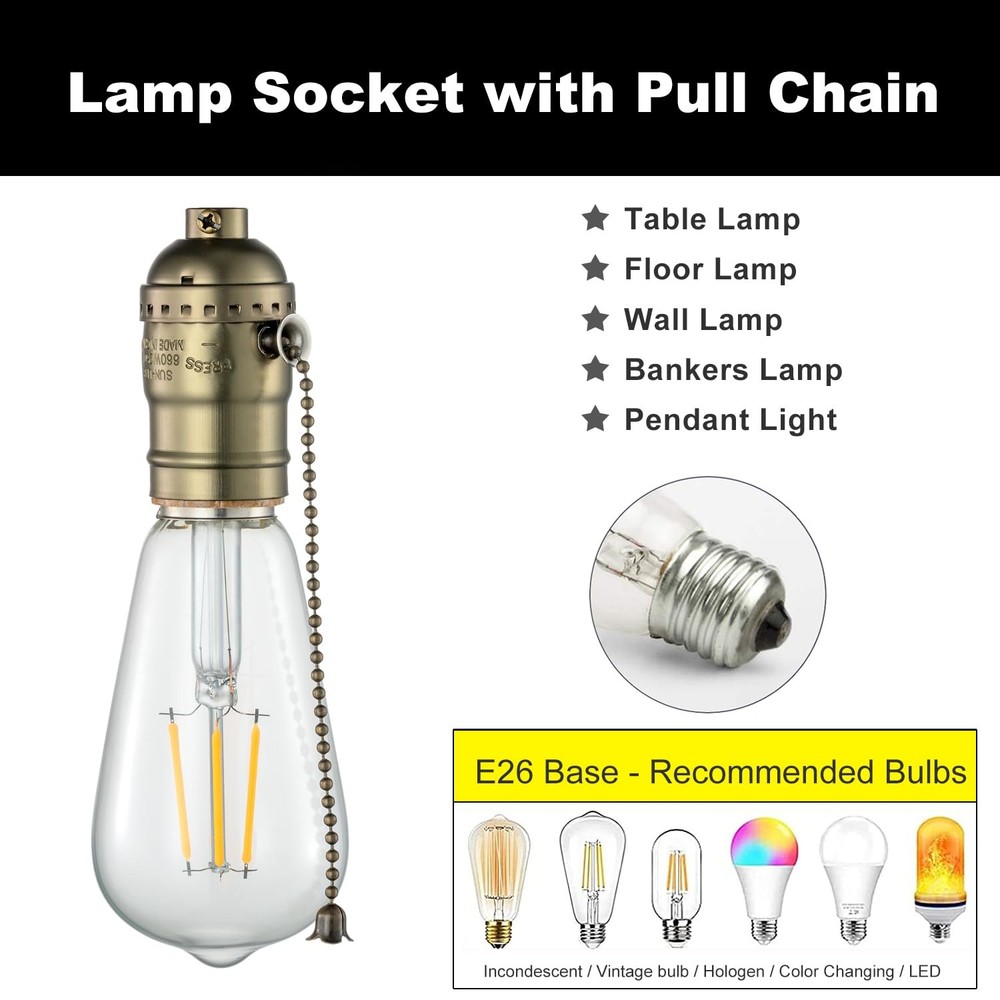 Pull Chain Lamp Socket Replacement, E26 Standard Threaded Base, Antique Brass