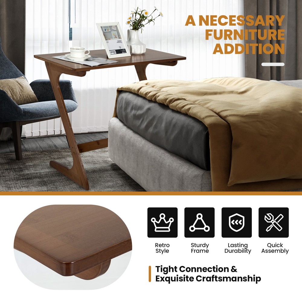 Bamboo Sofa Side Table Z-Shaped Spacious Tabletop Space-Saving TV Snack Tray