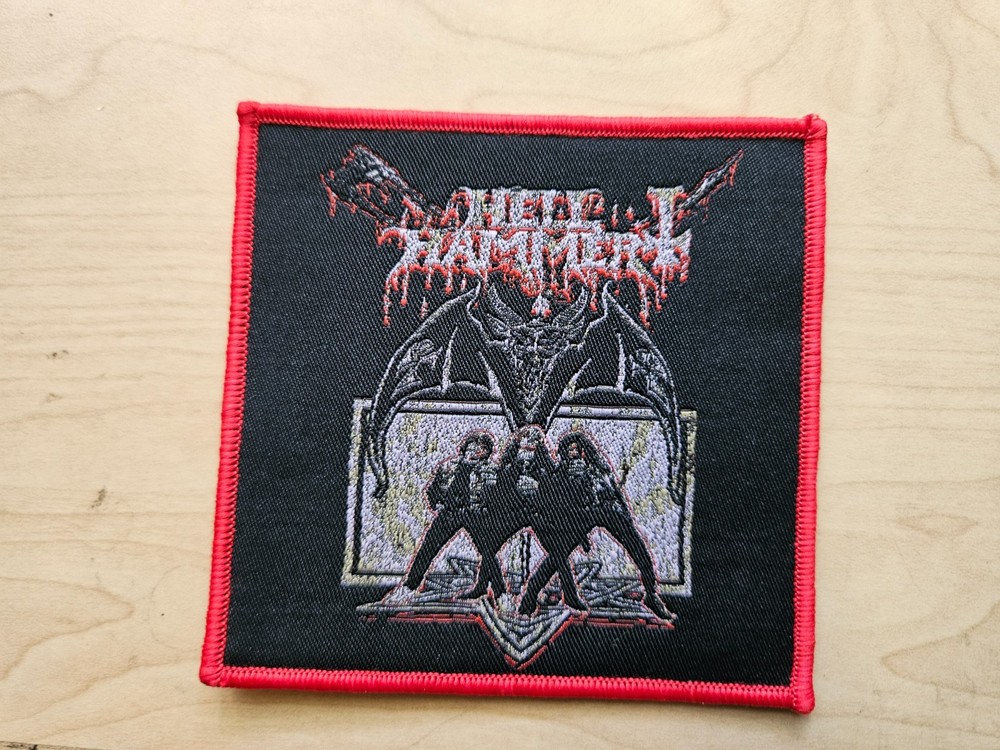 HELL HAMMER, SEW ON RED BORDER WOVEN PATCH