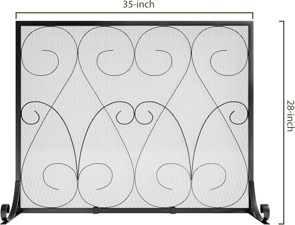 Single Panel Handcrafted Wrought Iron Symmetric Scroll Flat Fireplace Screen
