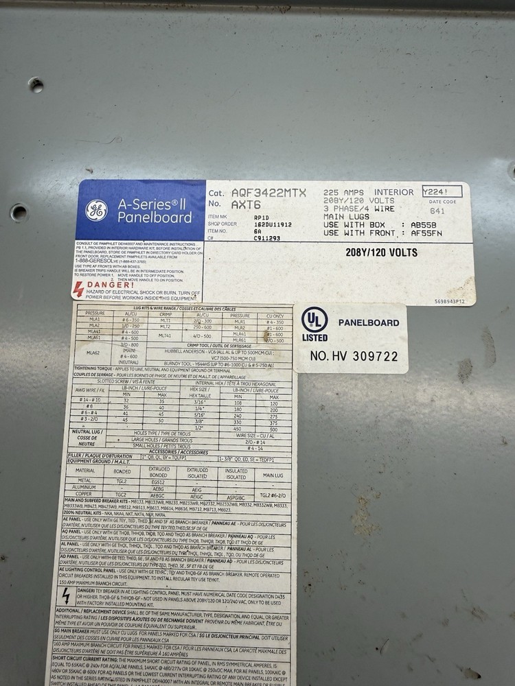 GE AQF3422MTX  AXT6 panel board (DEAD FRONT ONLY)