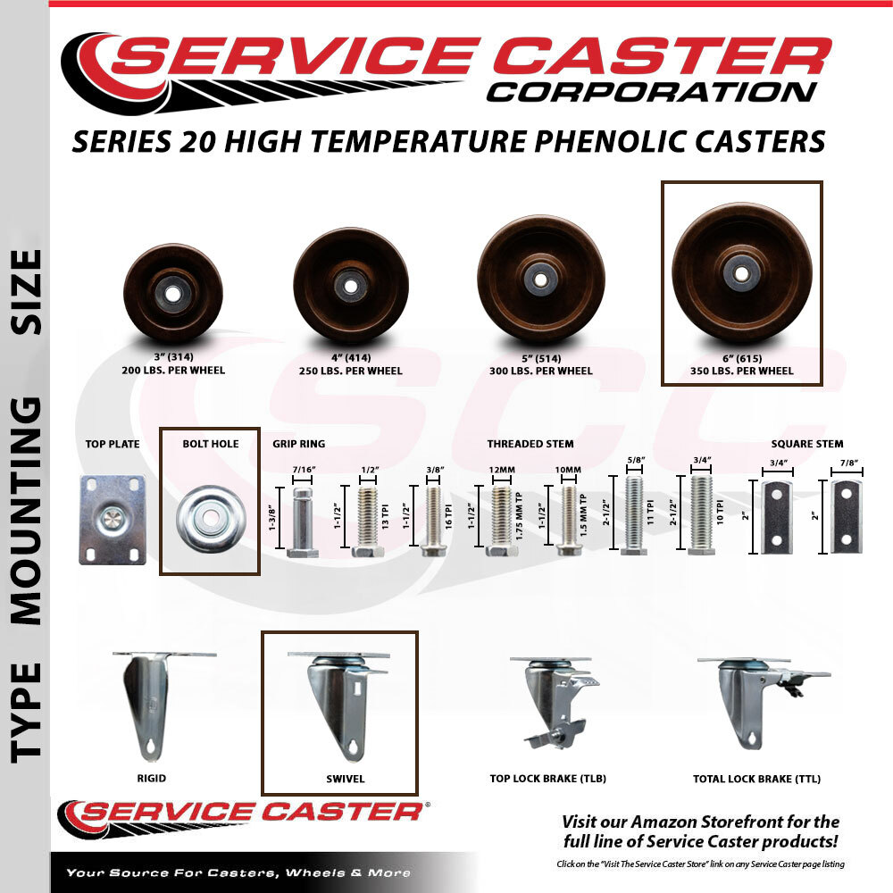 6 Inch High Temp Phenolic Wheel Swivel Bolt Hole Caster Service Caster Brand