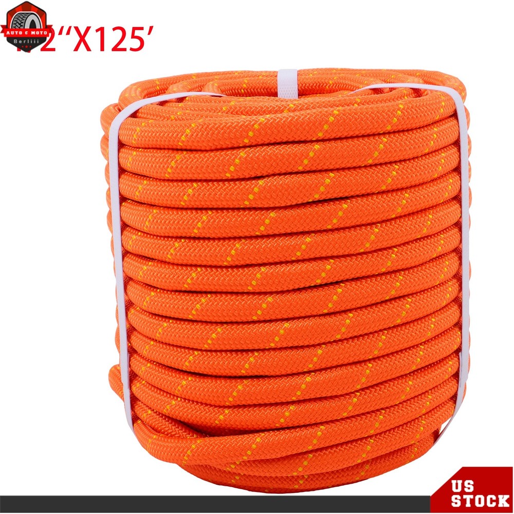 1/2"×125' Double Braid Nylon/Polyester Arborist Rope Pulling Rigging Line Orange