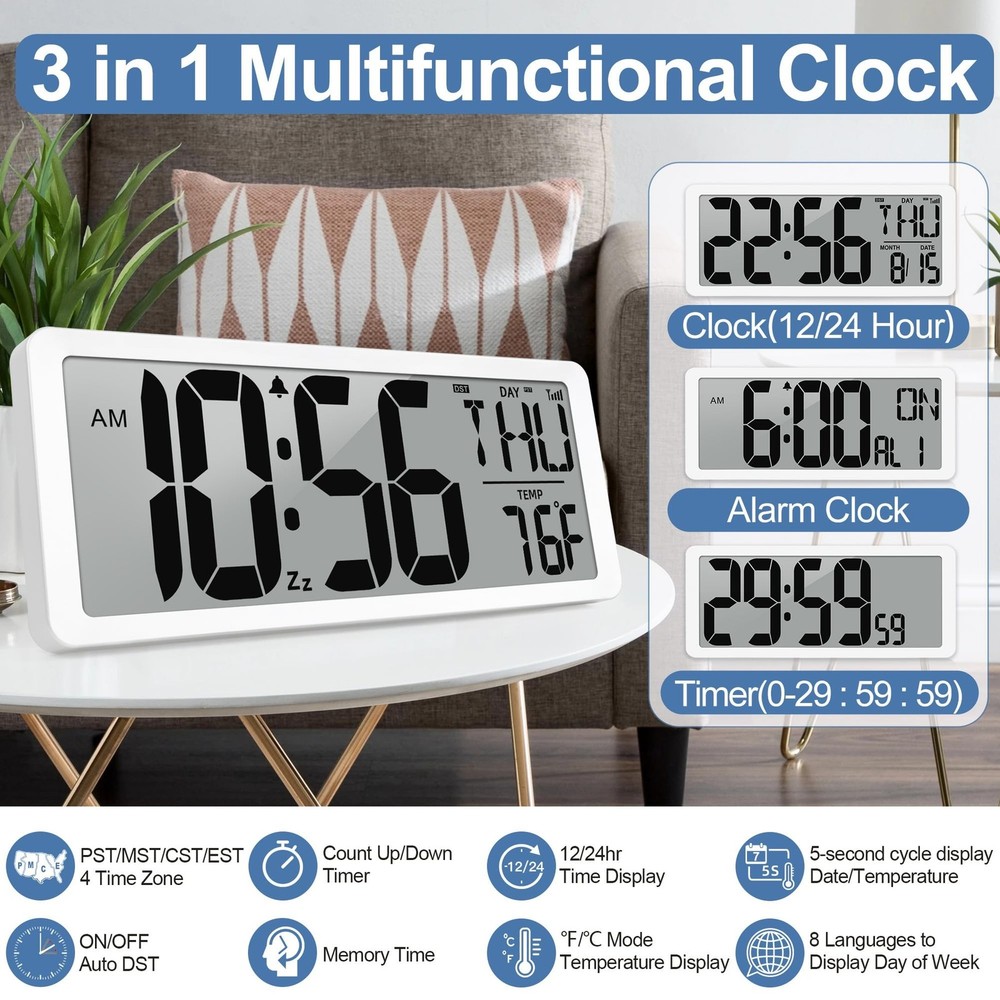 Atomic Clock 15" Digital Wall Clock Battery Operated Atomic Wall Clock Large ...