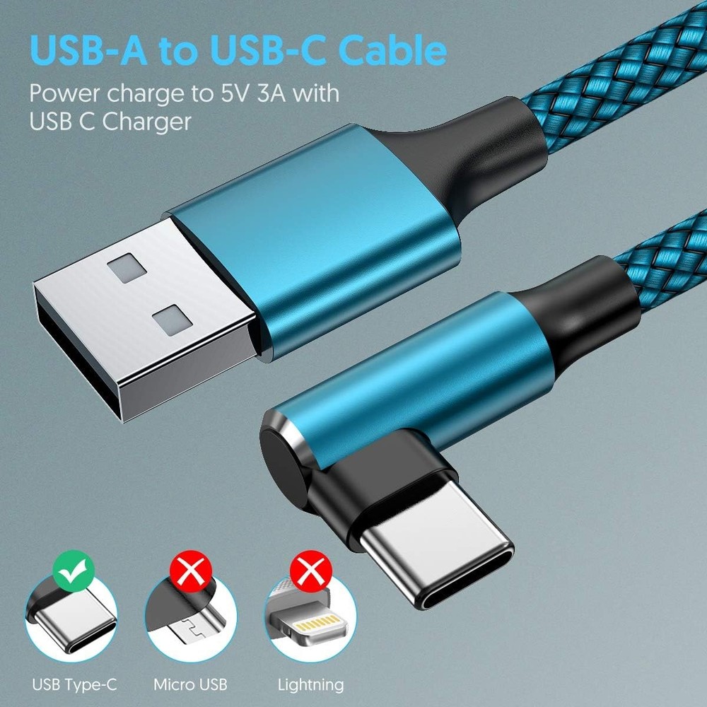 geekboy Type C Cable 90 Degrees Right Angle [3-Pack 10ft] Nylon 3 Pack, Cyan