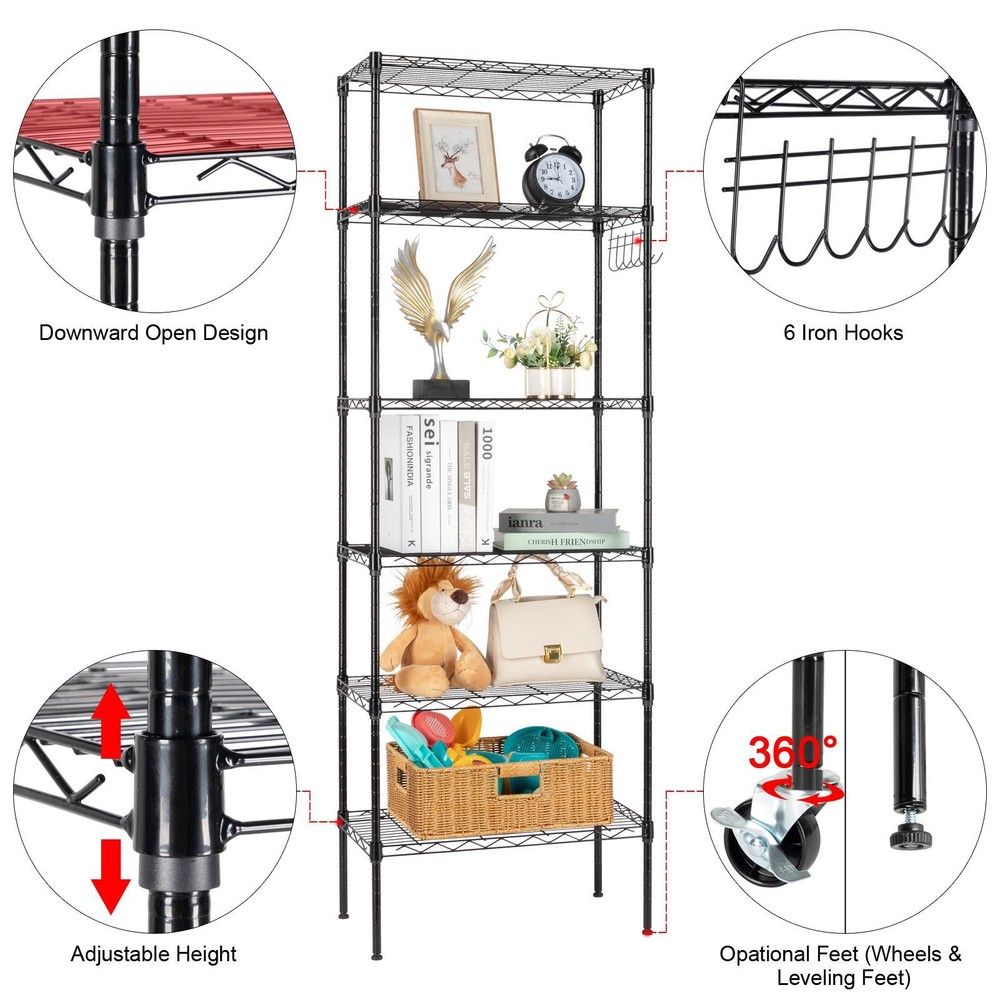 65" Adjustable Rolling Storage Rack 6-Tier Wire Shelving Unit with Hanging Hooks