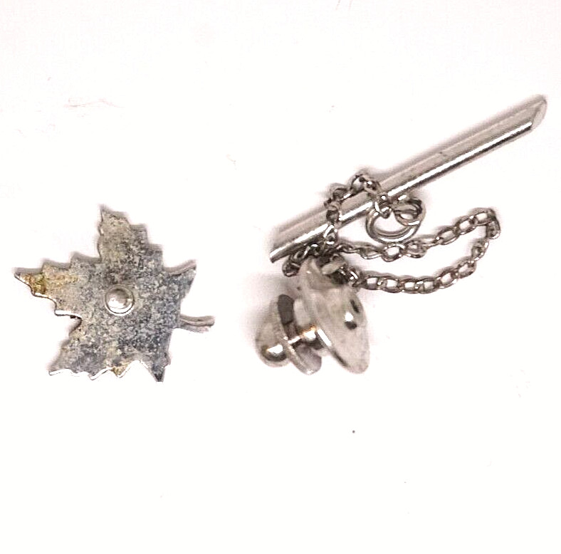 Tie Tack Pin with Chain Maple Leaf Silver Tone