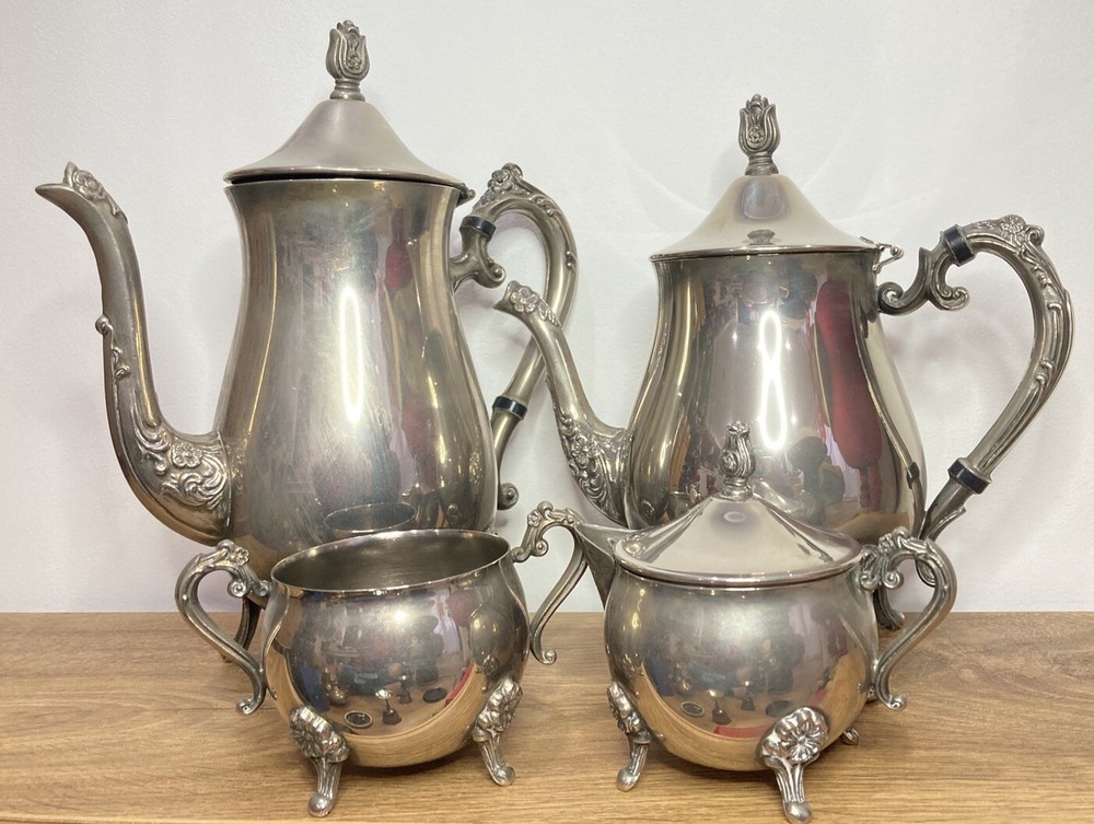 Tea & Coffee Set 4pc Ornate Embossed Flower Design Silver Plated