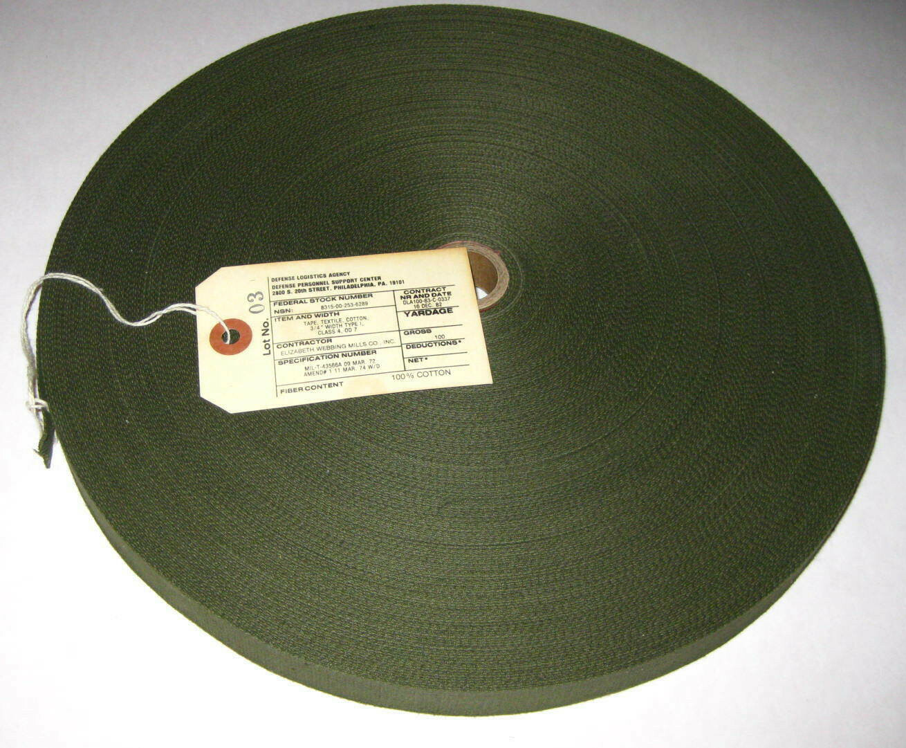 3/4" Mil-Spec Cotton OD, Military Webbing TAPE 3/4 INCH MIL-T 43566A 100 Yd