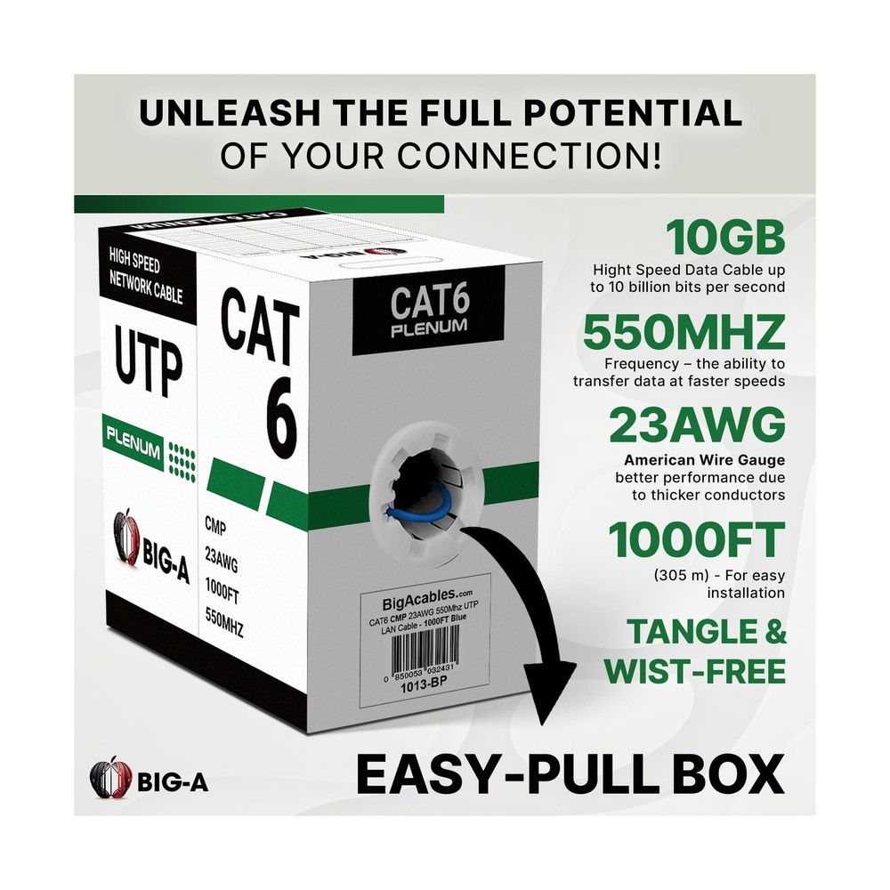 Big-A - Cat6 Plenum Cable 1000ft, Cat 6 Ethernet Cable (CMP) 10 Gigabit Solid...