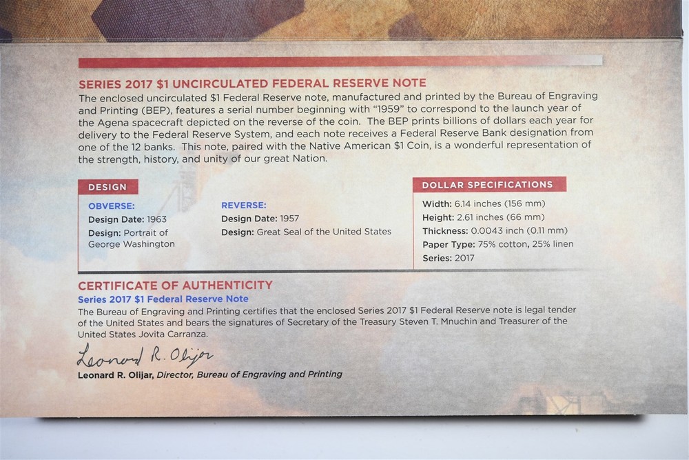2019 Native American $1 Enhanced Coin & Currency Set Space Program