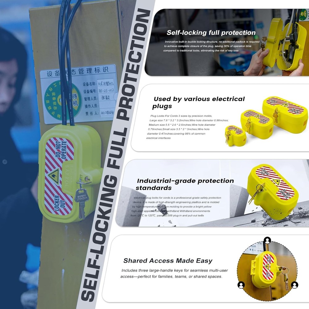 Plug Locks for Power Cords with Keys - Medium Self-Locking Cover (No Padlock Req