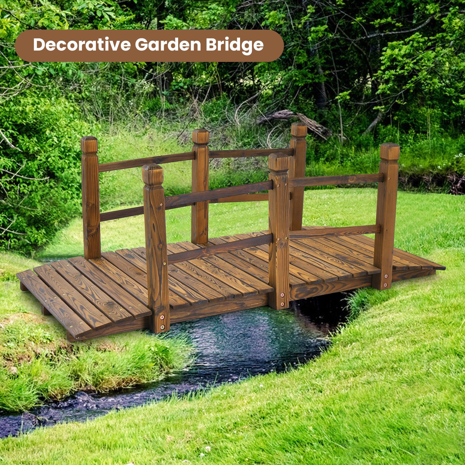 5 FT Wooden Garden Bridge Decorative Stained Finish Footbridge w/Safety Rails