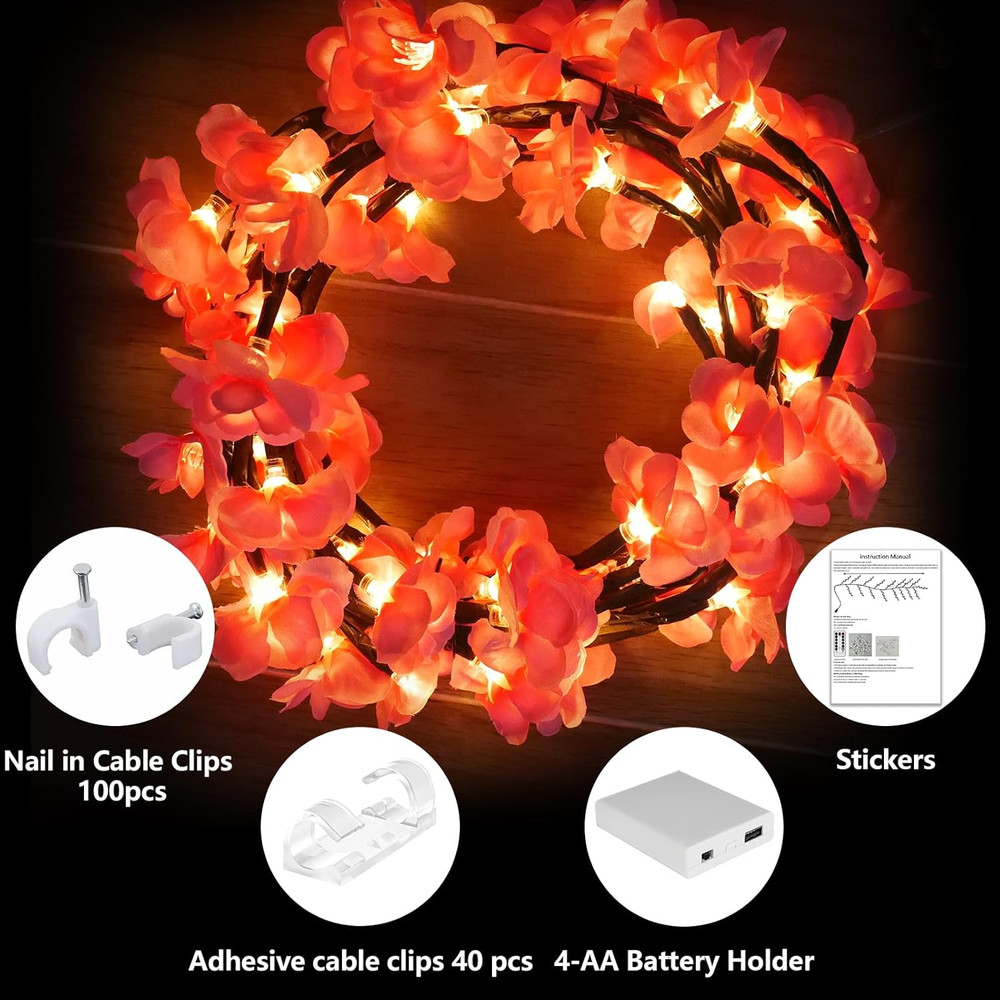 Cherry Blossom LED Vine Lights with Remote Timer, 4FT, 48 LEDs