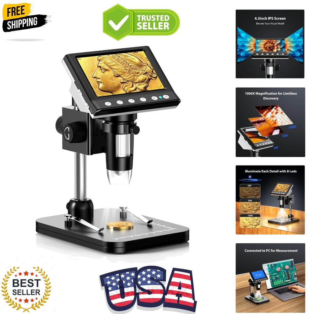4.3'' IPS Coin Microscope, 1000X Magnification Digital Microscope for Adults，...