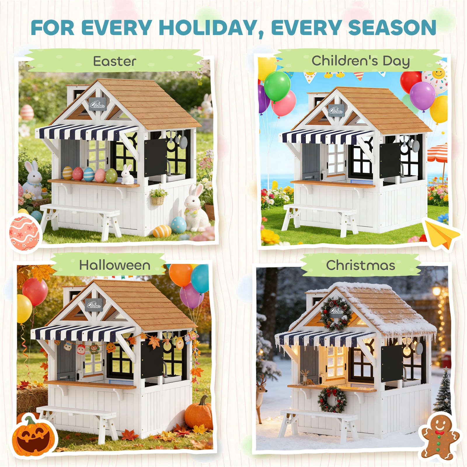 Qaba Outdoor Playhouse, Wooden Kids Playhouse with Dog Door for Garden