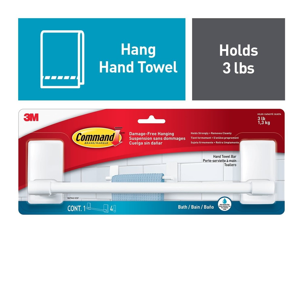 Command Bath Plastic Towel Bar, White Hand Towel Rack 3lb 4 Strips
