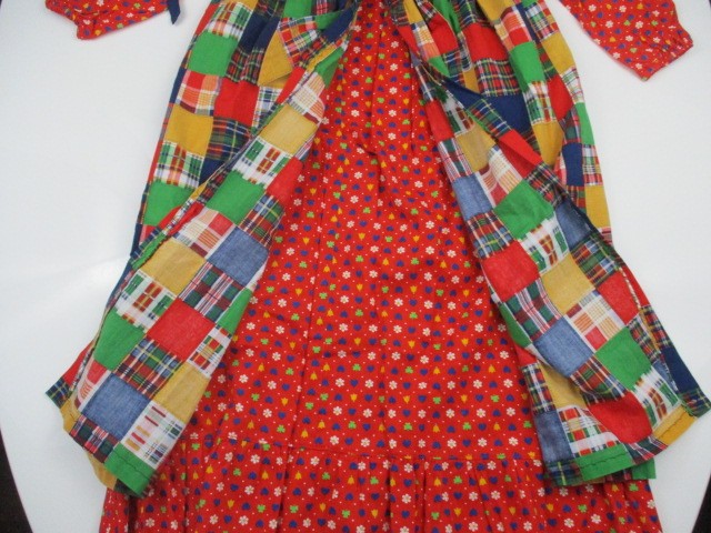 Pilgrim Pioneer Costume Girl Colonial Prairie Dress Apron Bonnet Floral Plaid