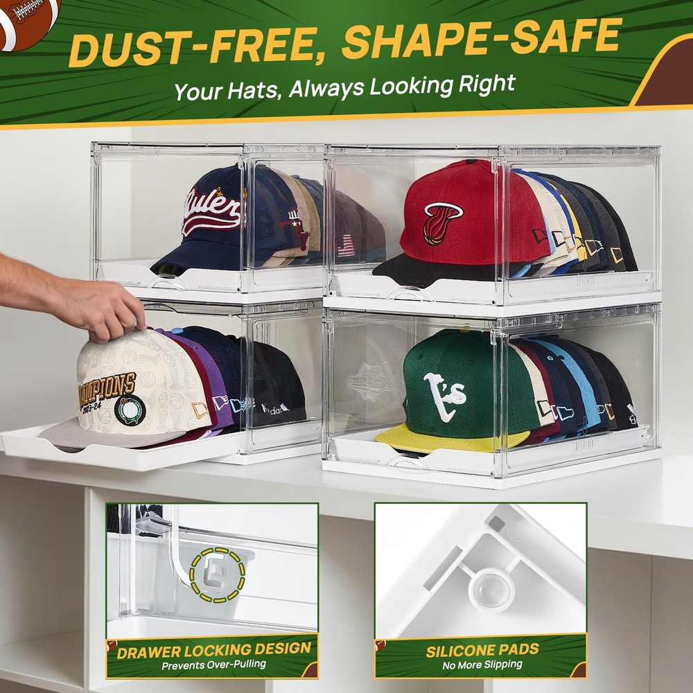 Vtopmart 2-Pack Hat Organizer Box for Baseball Caps, Clear Stackable Storage
