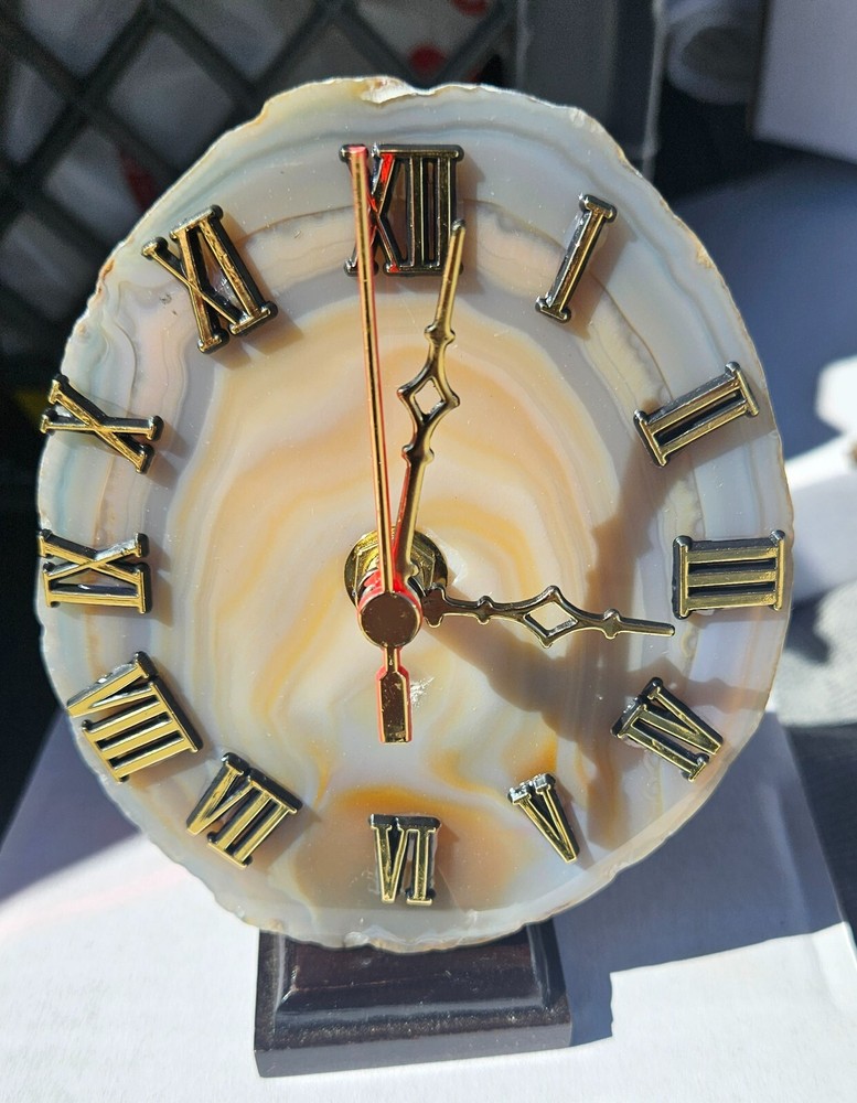 Natural Agate Slice Clock with wood Base