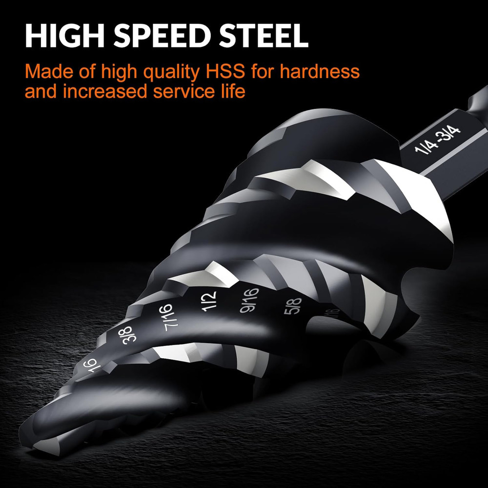 THINKWORK Four Spiral Flute Step Drill Bit Set, 3 Pcs HSS Step Drill Bits (1/8"-