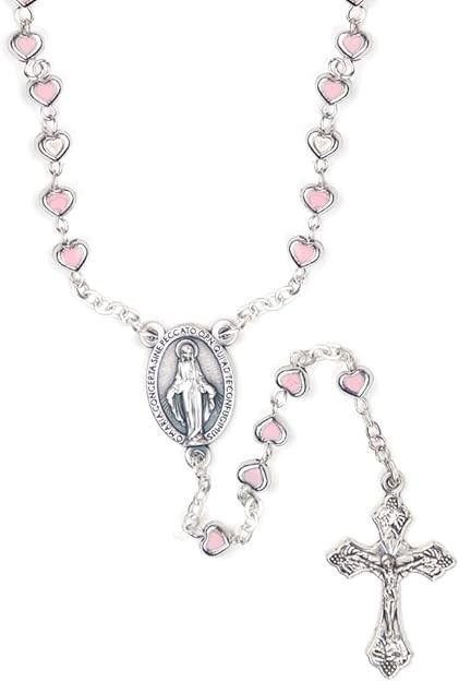 Catholic Silver Tone Pink Enamel Prayer Bead Rosary Necklace
