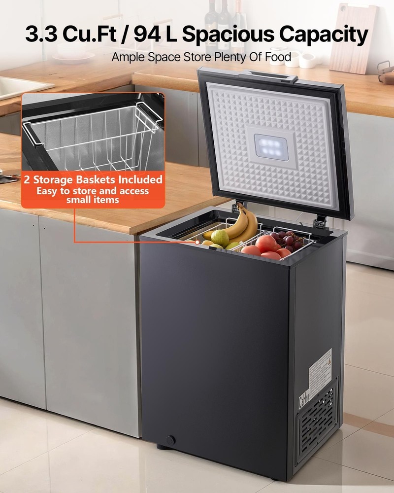Energy-Efficient 3.3 Cu.ft Chest Freezer, 2 Removable Baskets, LED Temp Display
