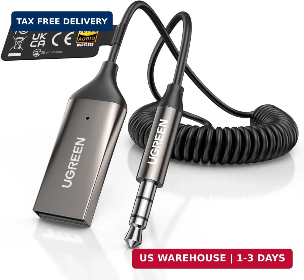 UGREEN Aux to Bluetooth 6.0 Car Adapter with LDAC, 3.5mm Aux Adapter Built-in Mi