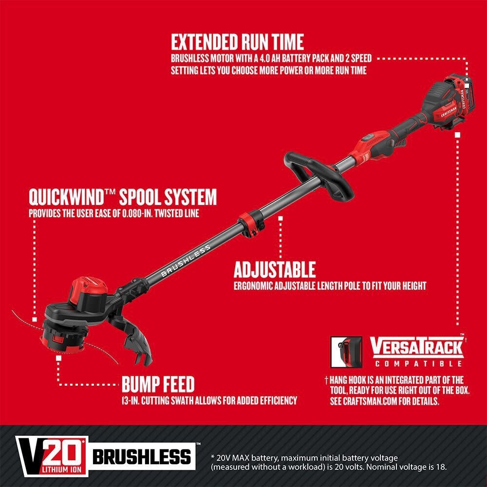 CRAFTSMAN V20 Brushless WEEDWACKER 13 Inch String Trimmer Kit
