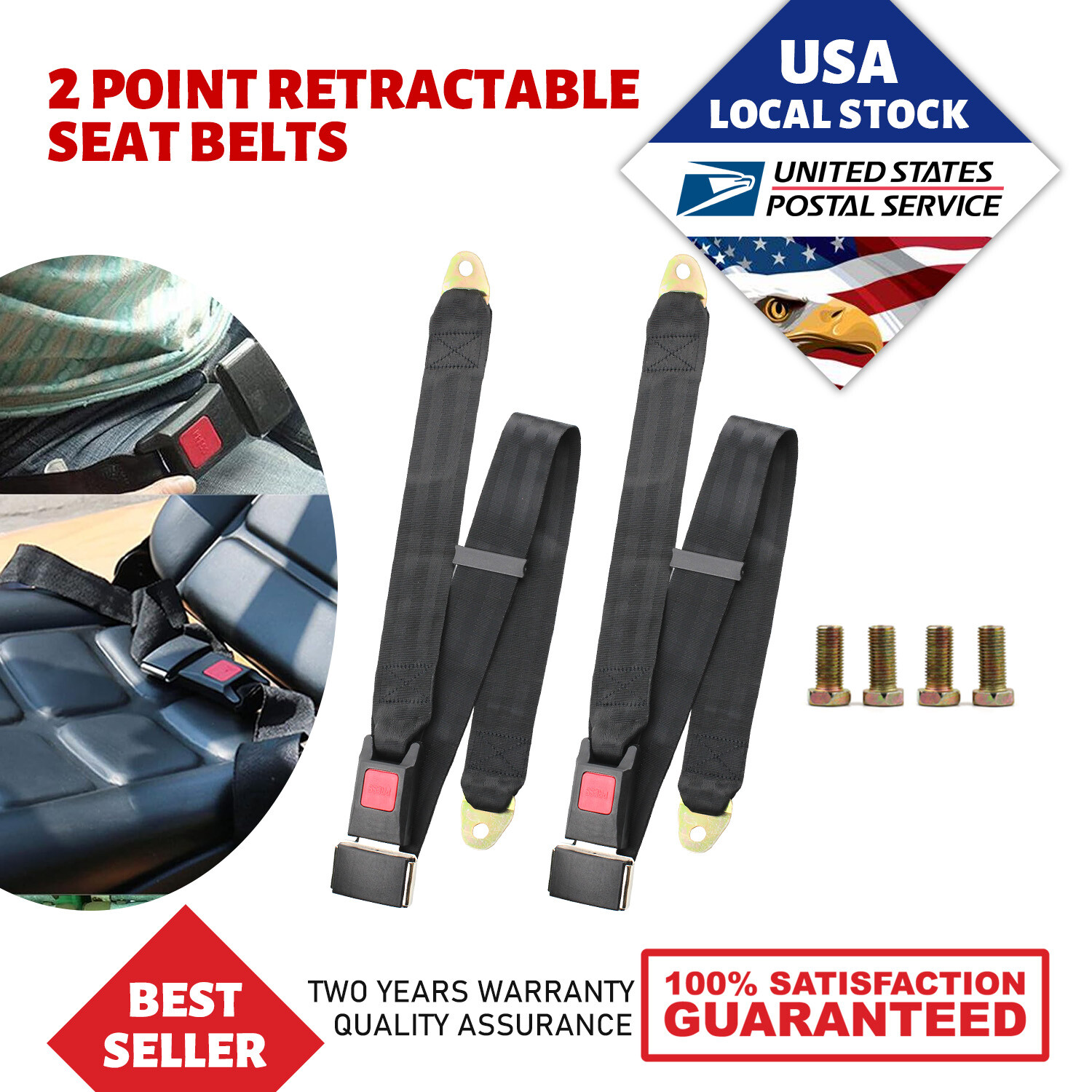 2Pack Universal Lap Seat Belt 2 Point Adjustable Retractable Car Single Seat Lap