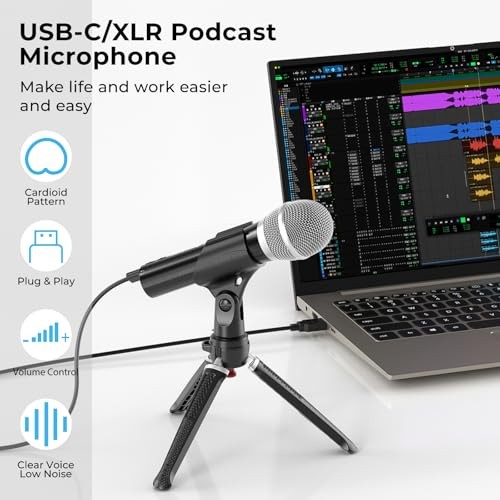 USB/XLR Podcast Dynamic Microphone, Studio Mic Kit with Volume Control, Pop