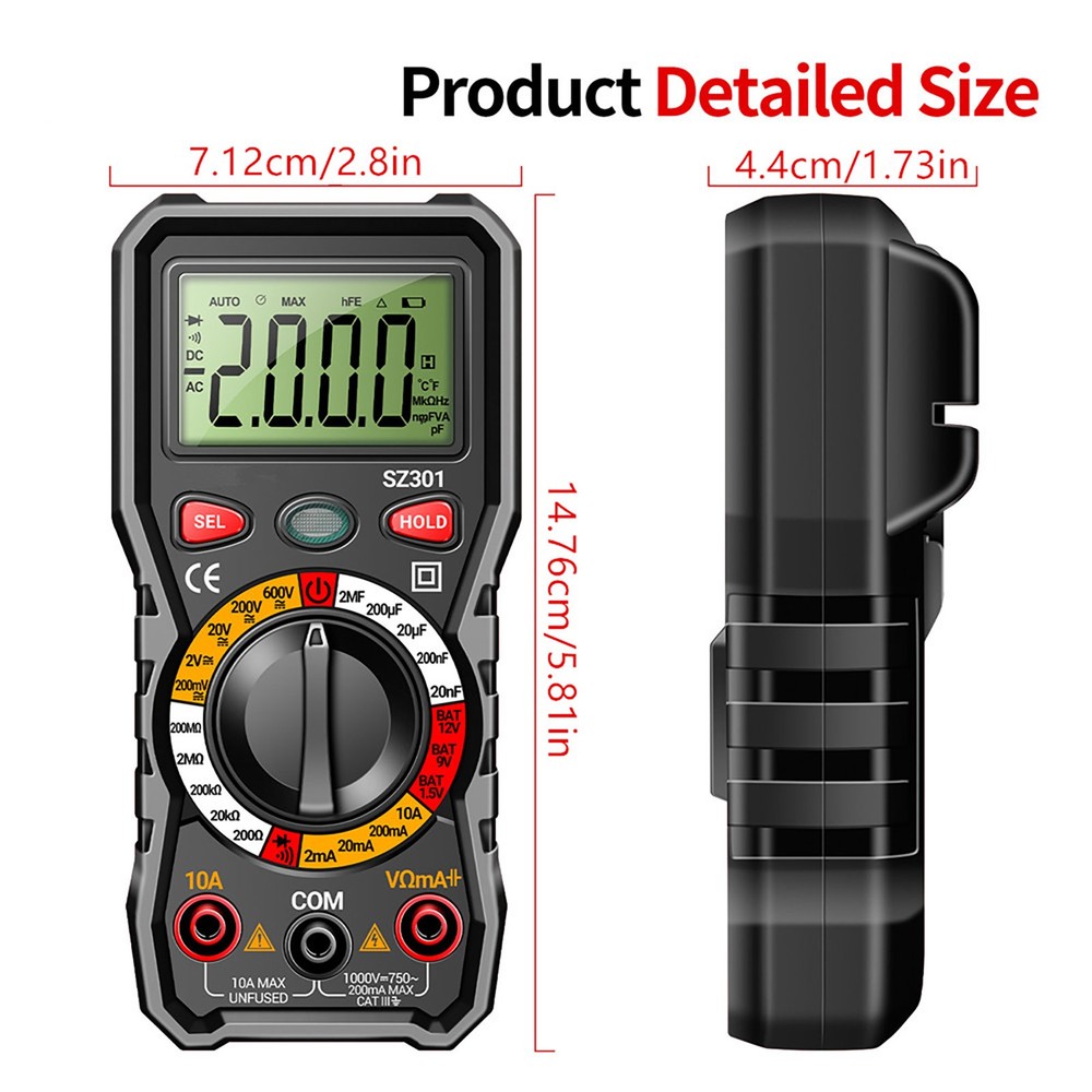 Versatile Digital Multimeter w Test Leads Measures Volt Amp Ohm Capacitance
