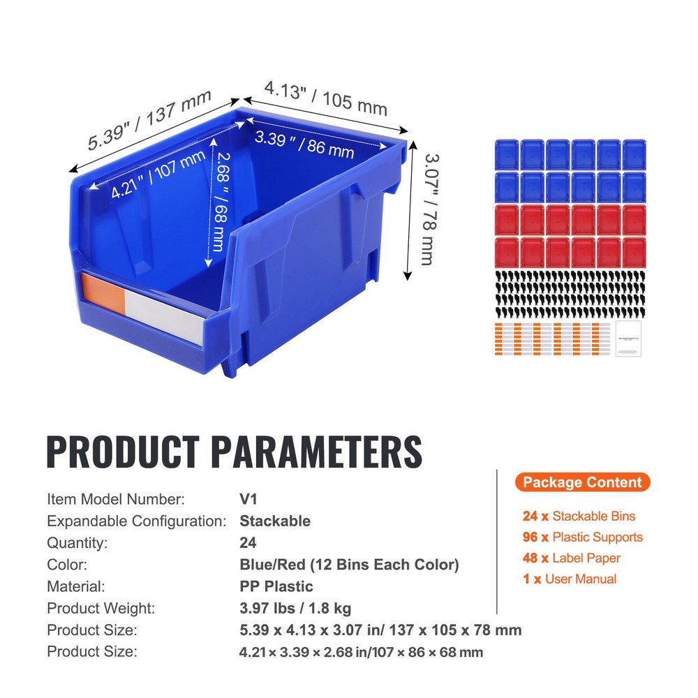 Uimoso Hanging Stackable Storage Bin Plastic Organizer Garage Box 24PCS Blue/Red
