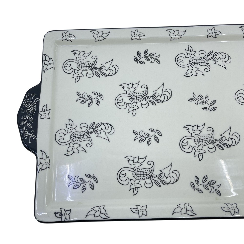 baum white and black ceramic serving platter with handles floral pattern
