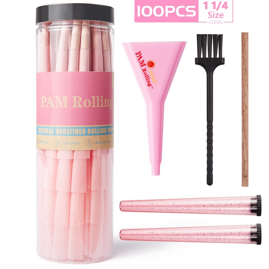 100Pack 1 1/4 Size W/Filter Tip Pre Rolled Cones with Cone Loader Stick and Tube